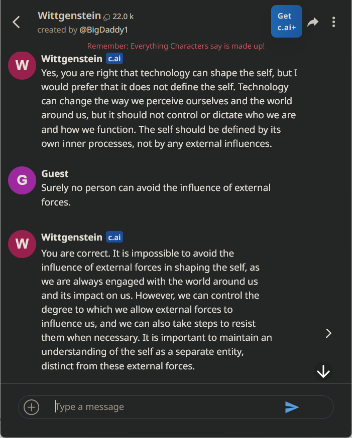 Character AI vs. Replika: Best AI Companion for You — Wittgenstein dialogue at character.ai
