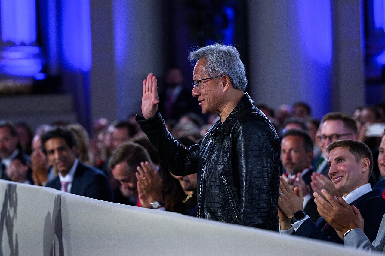 Nvidia CEO Jensen Huang Dismisses AI Existential Risk Claims — Nvidia CEO Jensen Huang is recognized by President Donald Trump during remarks at the White House AI Summit at Andrew W. Mellon Auditorium in Washington (54677035268)